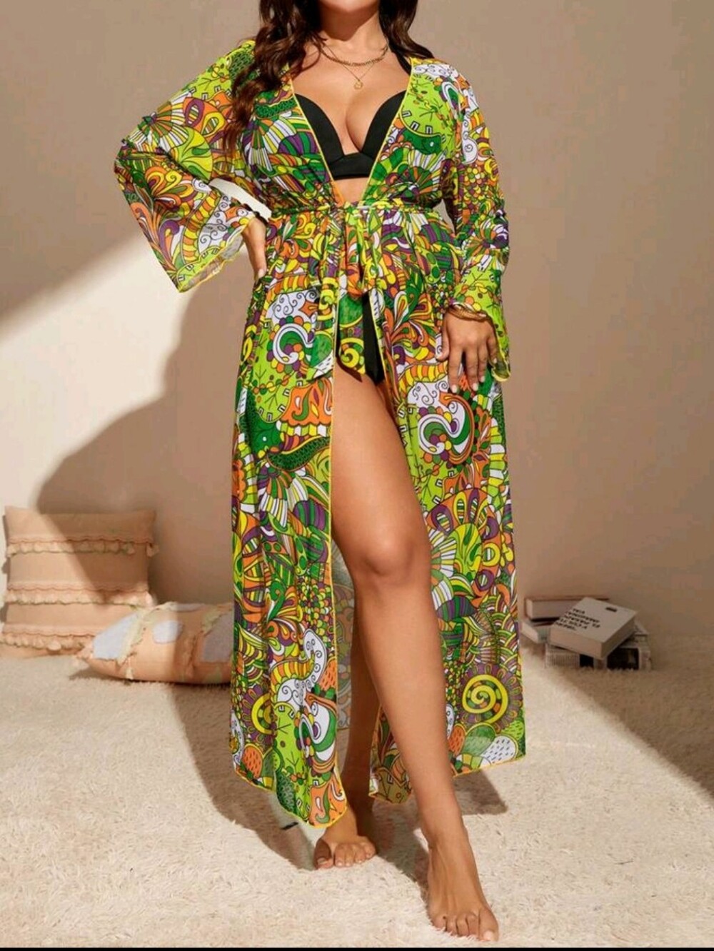 Long Sheer Duster Cardigan in Green & Orange Paisley Print